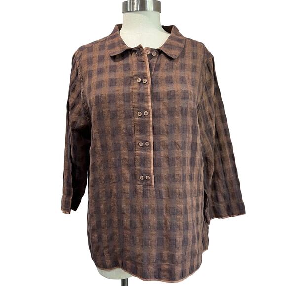 Poetry Linen Cotton Blend Brown Check Collared Button Shirt Top Relaxed Sz 14 - Picture 1 of 9